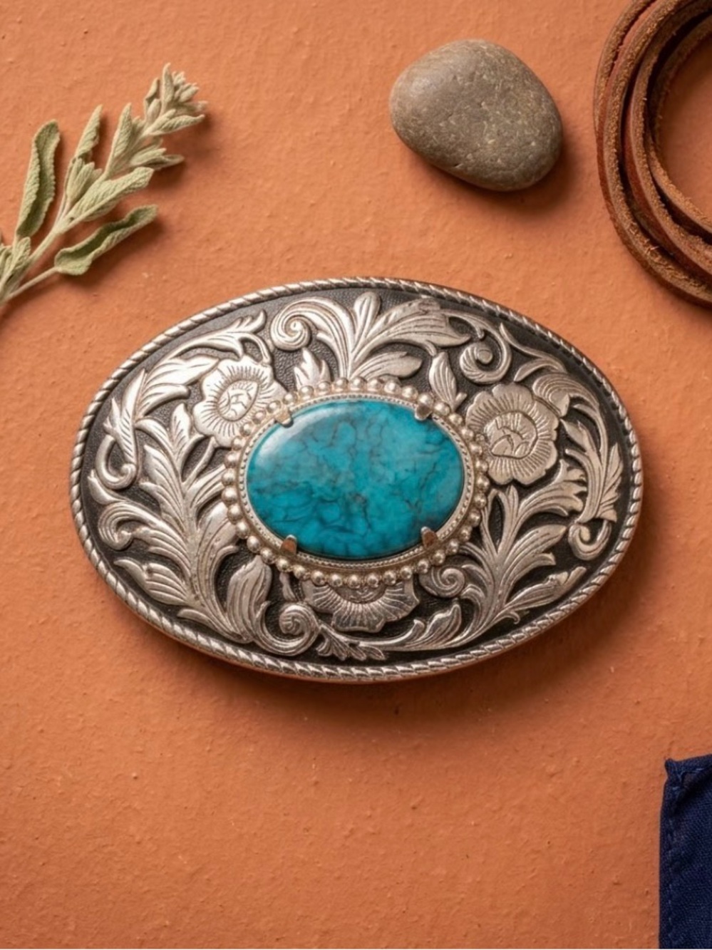 Vintage Estate Heavy Turquoise Floral Belt Buckle 3 1/4” - Picture 7 of 8